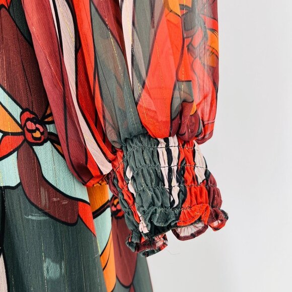 Forest Lily Mini Dress Size XS High Neck, Elastic Waist Fall Print Metallic - Picture 5 of 16